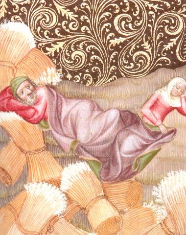 Wenzel Bible (1389), illustrating "He awoke in the middle of the night and there was a woman lying at his feet."