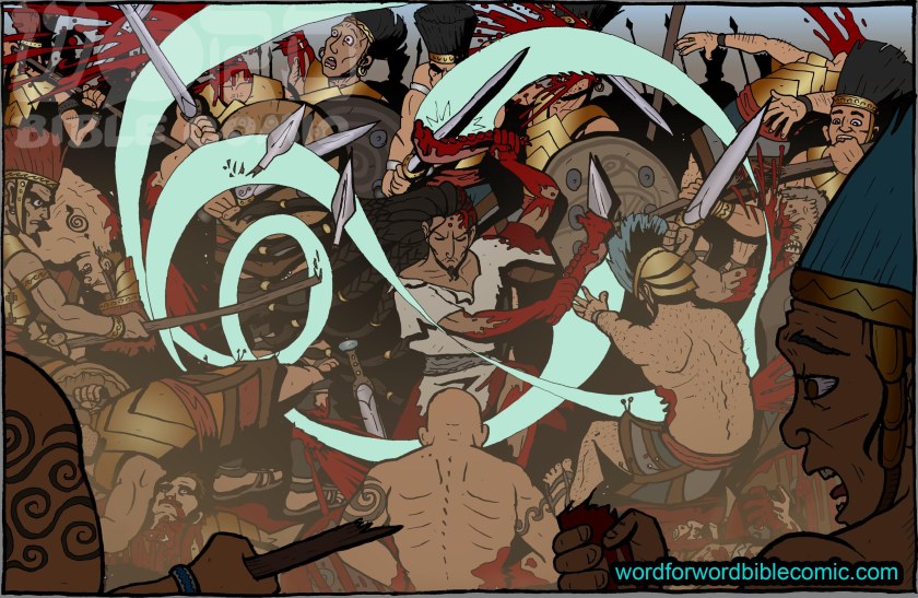 In this panel from the Word For Word Bible Comic, Samson repulses the Philistines using the jawbone of a donkey as his only weapon.