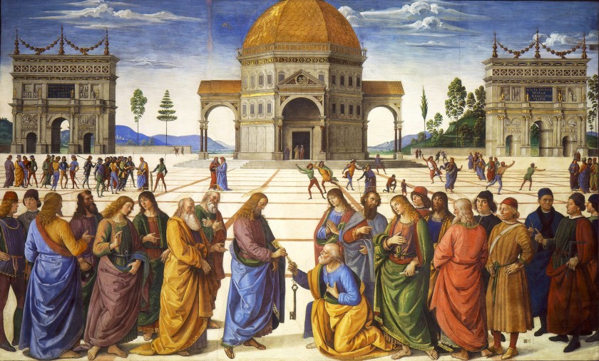 "Christ Giving the Keys to St. Peter," fresco, Pietro Perugino, 1481–1482, Sistine Chapel. Roman Catholics believe that a definitive teaching authority now resides in the Church. What are Protestants to do to settle their disagreements?